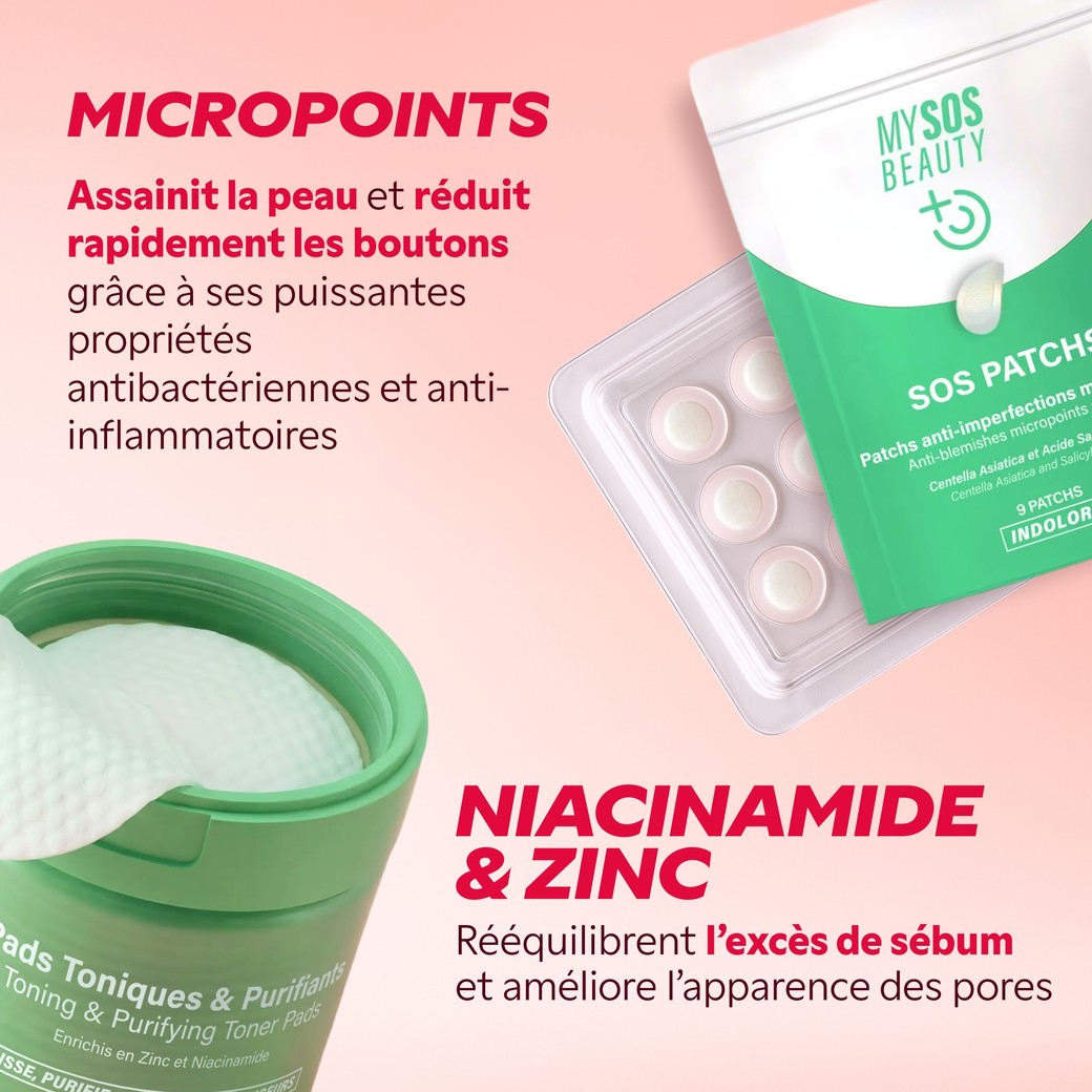 Patchs à micropoints et pads toniques à la niacinamide et au zinc