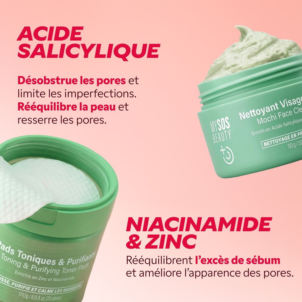 Nettoyant Mochi à l'acide salicylique et pads toniques à la niacinamide et au zinc
