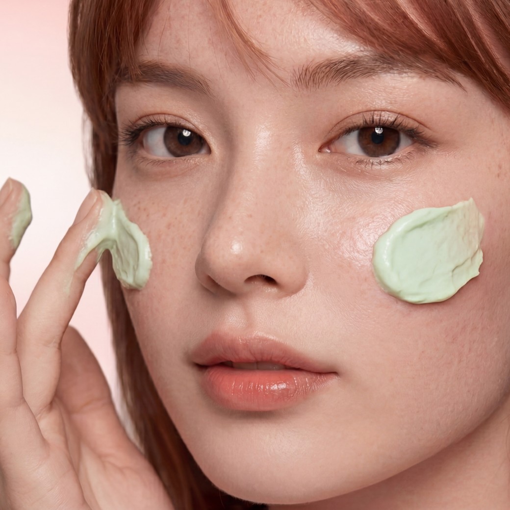 Femme appliquant le nettoyant Mochi sur la joue