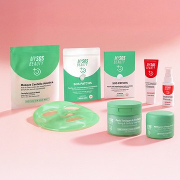 Produits de la routine anti-imperfections présentés avec le masque en gel