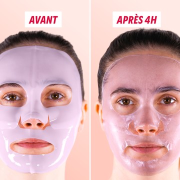 Visage portant le masque en gel, avant et après