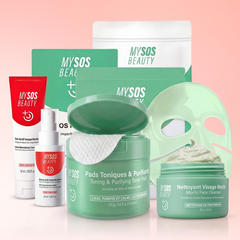 Produits de la routine complète anti-imperfections : pads, nettoyant Mochi, patchs et masque