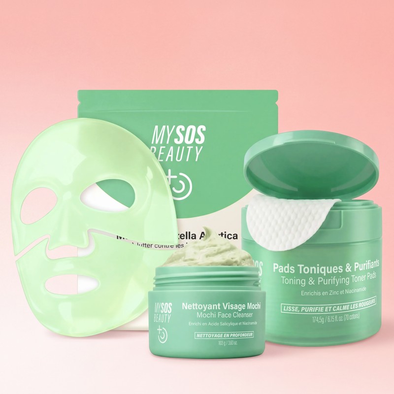 Trio Zero Pores : masque à la Centella asiatica, nettoyant Mochi et pads toniques