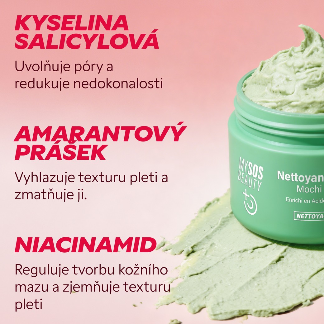 Složky čisticí pasty Mochi: kyselina salicylová, amarantový prášek, niacinamid