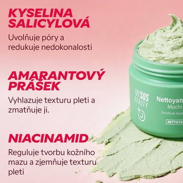 Složky čisticí pasty Mochi: kyselina salicylová, amarantový prášek, niacinamid