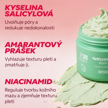 Složky čisticí pasty Mochi: kyselina salicylová, amarantový prášek, niacinamid