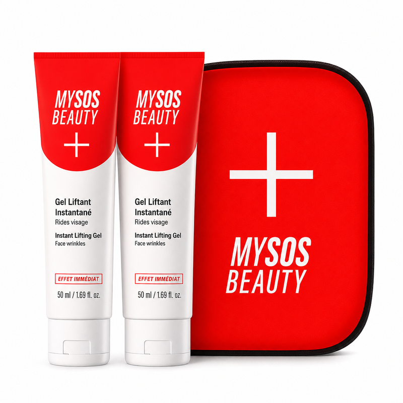 Tubki żelu liftingującego i czerwona kosmetyczka My SOS Beauty