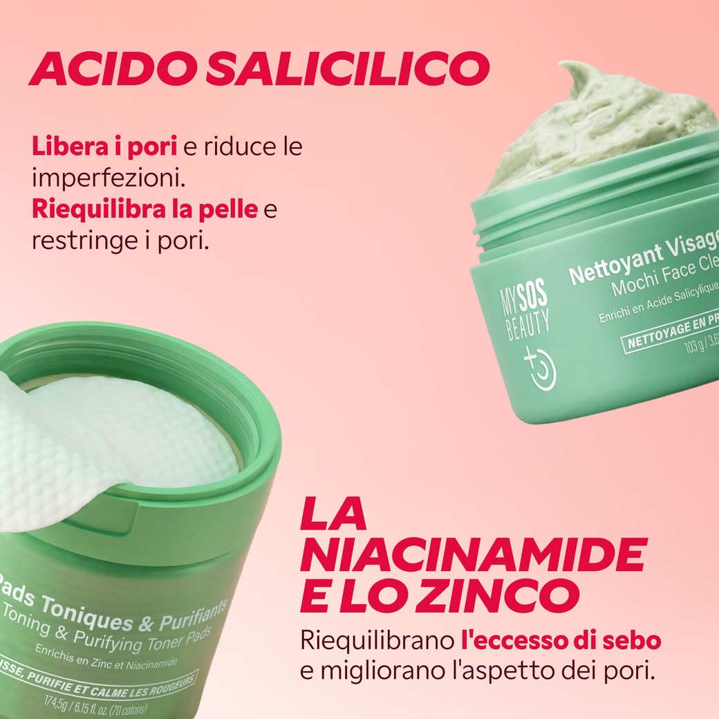 Detergente Mochi con acido salicilico e dischetti tonificanti con niacinamide e zinco