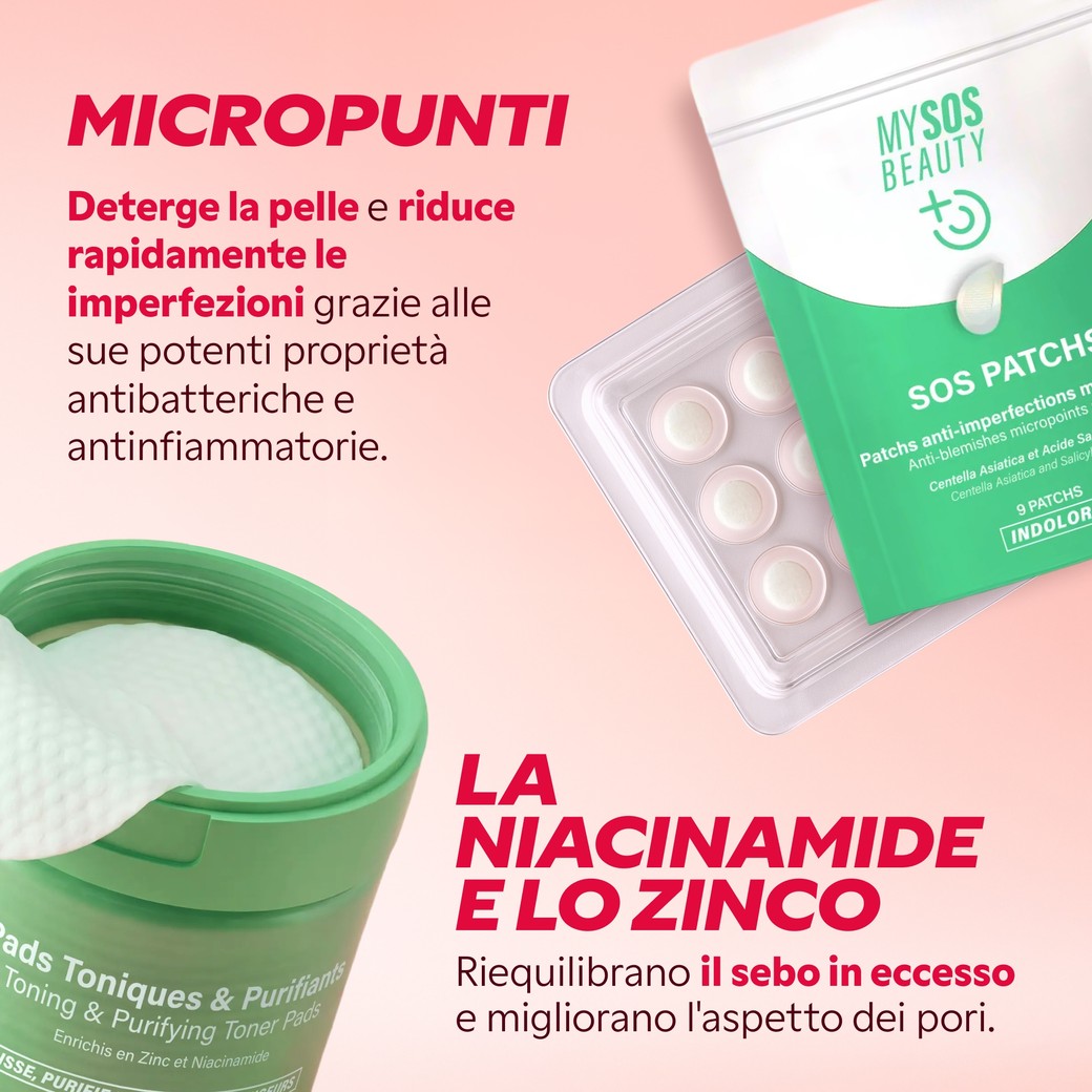 Patch a micropunti e dischetti tonificanti con niacinamide e zinco