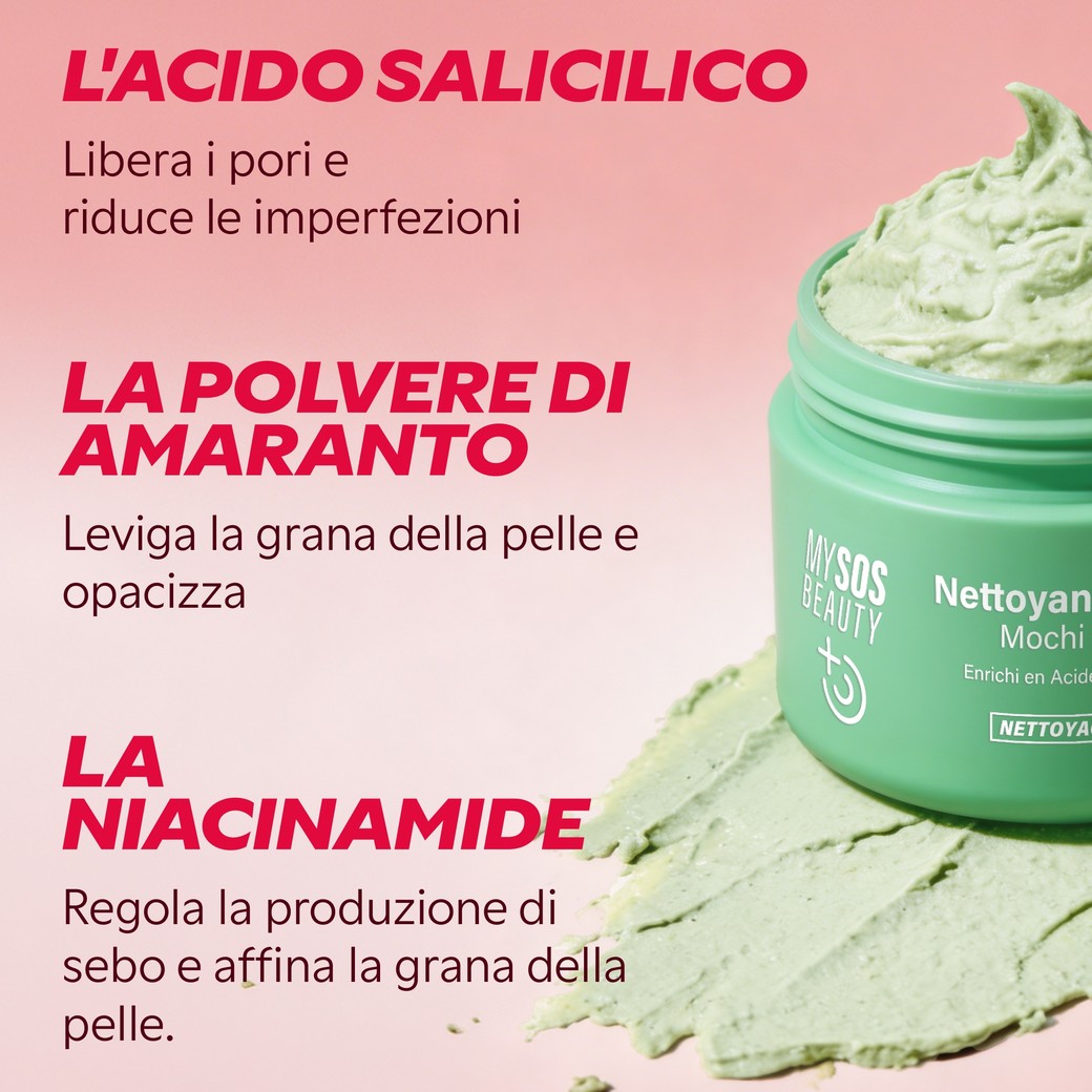 Ingredienti del detergente Mochi: acido salicilico, polvere di amaranto, niacinamide