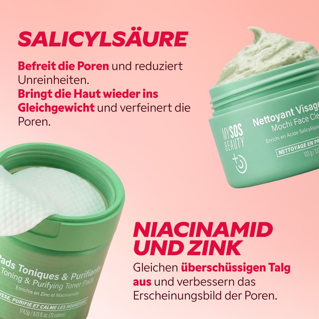 Mochi Reiniger mit Salicylsäure und Toning-Pads mit Niacinamid und Zink