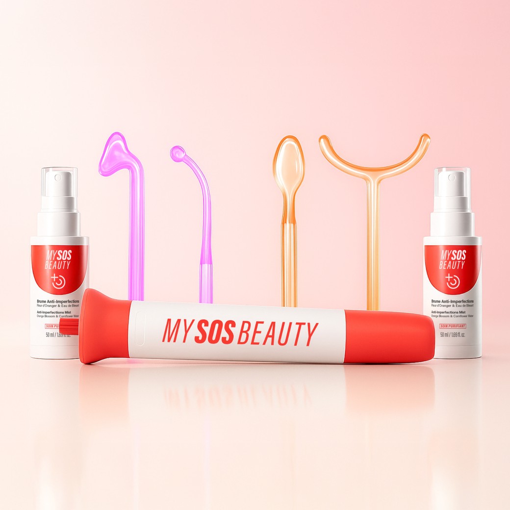 Hochfrequenzgerät von My SOS Beauty mit Aufsätzen und Sprays