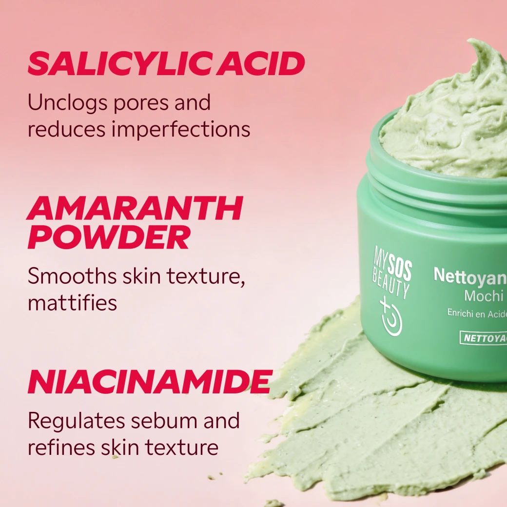 Mochi cleanser ingredients: salicylic acid, amaranth powder, niacinamide