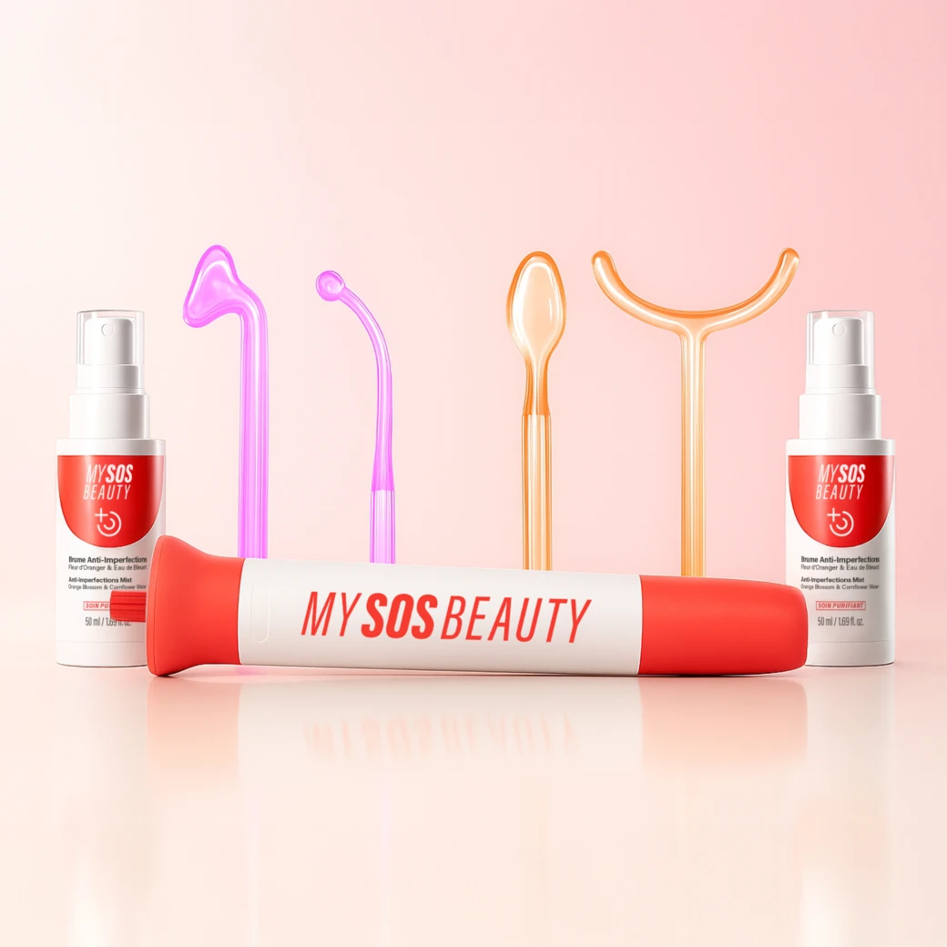 My SOS Beauty high frequency device with its tips and mists