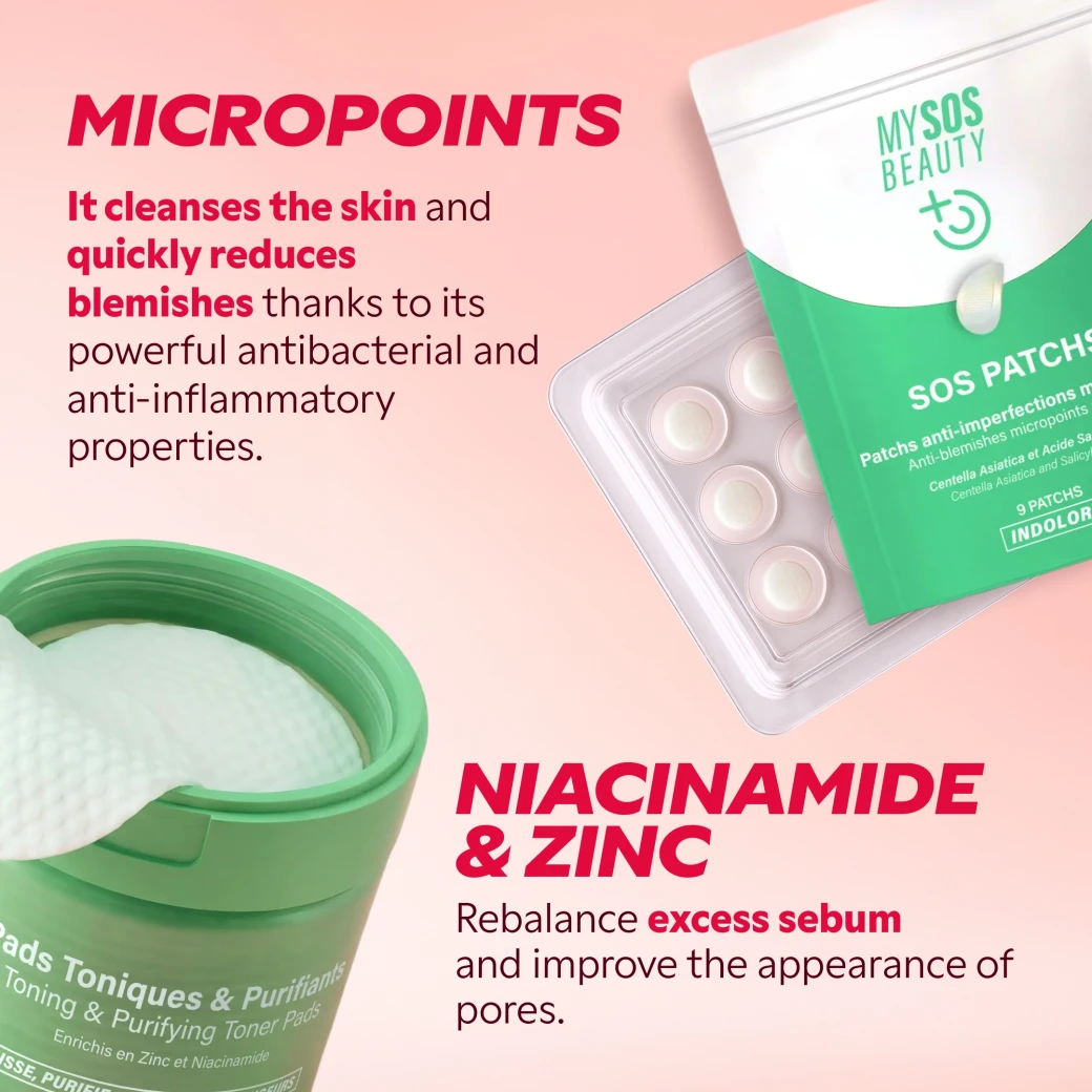 Micropoint patches and toning pads with niacinamide and zinc
