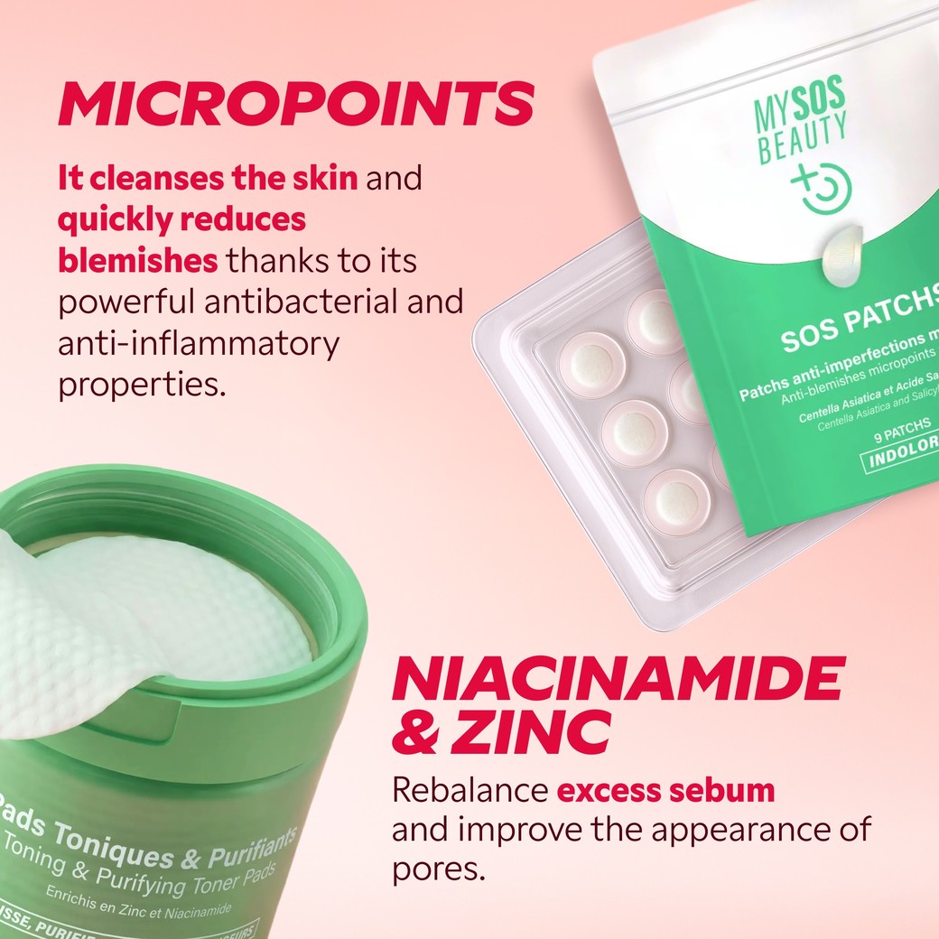 Micropoint patches and toning pads with niacinamide and zinc
