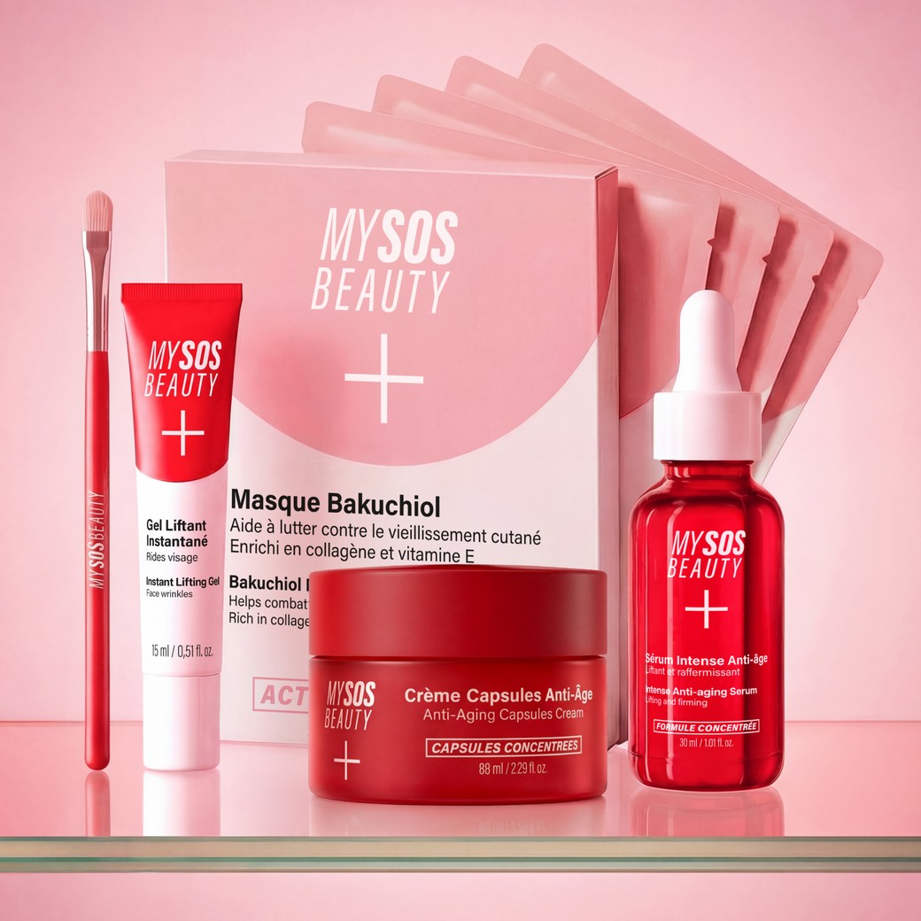 Anti-Aging Routine products shown with the mask sachets