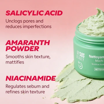 Mochi cleanser ingredients: salicylic acid, amaranth powder, niacinamide