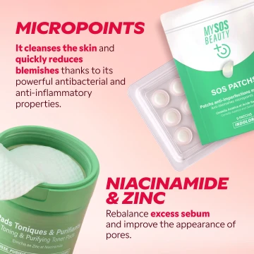 Micropoint patches and toning pads with niacinamide and zinc