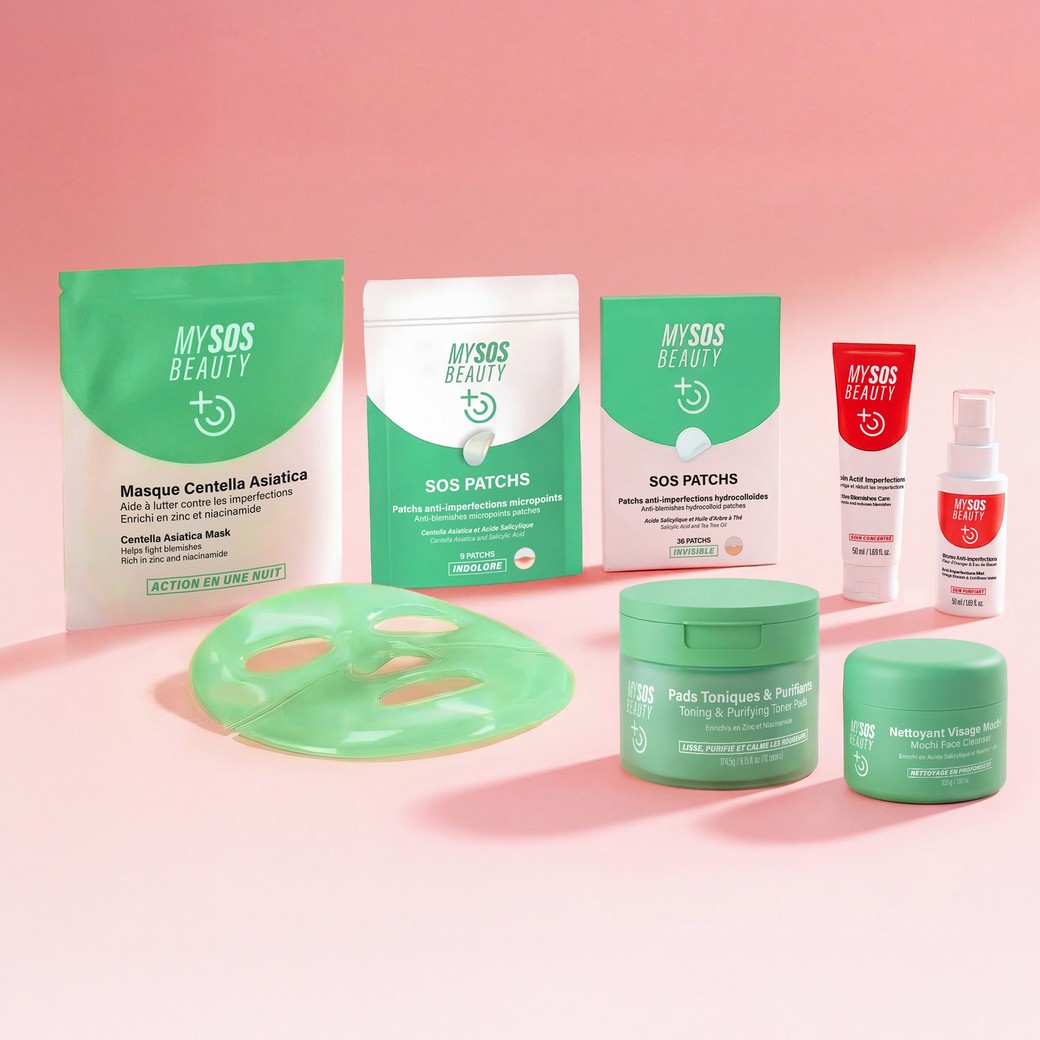 Productos de la rutina antiimperfecciones junto a la mascarilla de gel