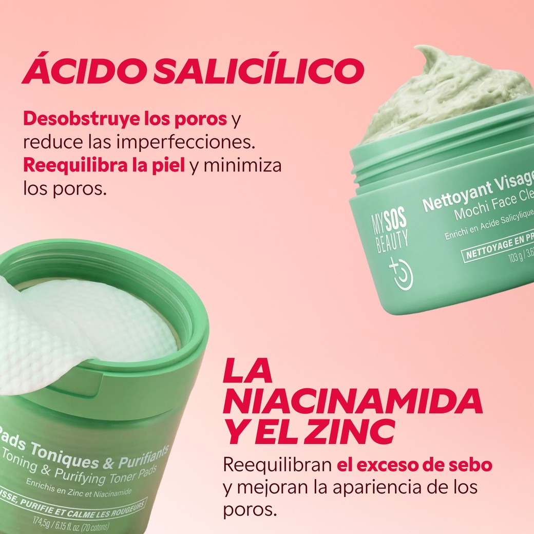 Limpiador Mochi con ácido salicílico y discos tonificantes con niacinamida y zinc