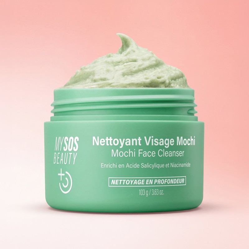 Tarro del limpiador facial Mochi de My SOS Beauty con textura verde