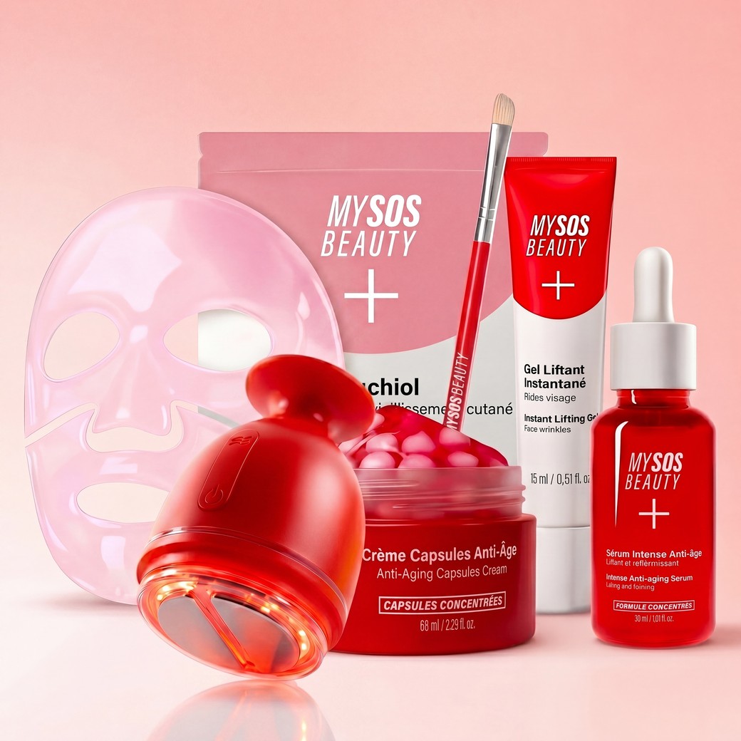 Produkty kompletní rutiny proti stárnutí: maska, přístroj EMS, krém a sérum