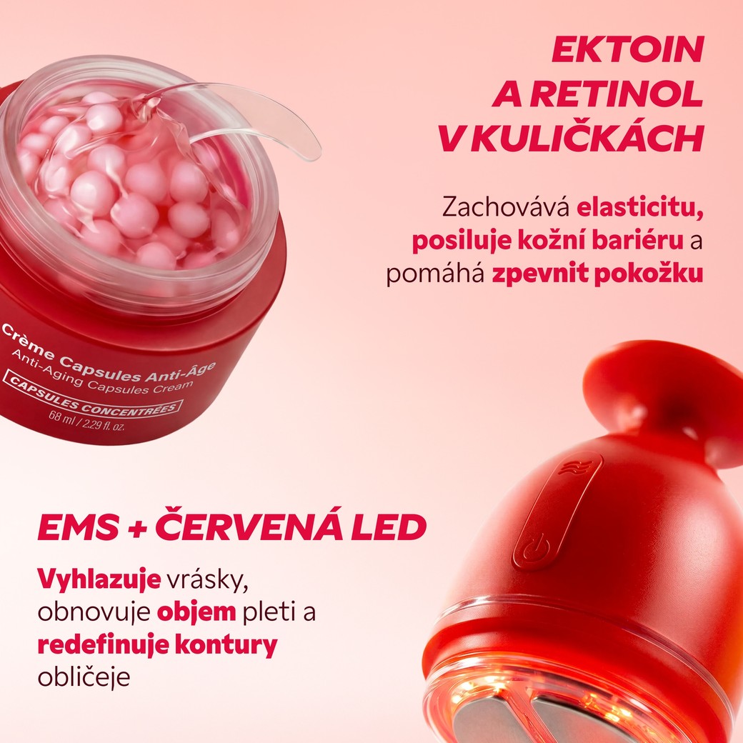 Krém v kapslích s ektoinem a retinalem a přístroj EMS s červeným LED světlem