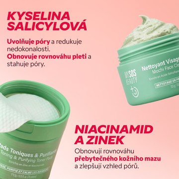 Čisticí pasta Mochi s kyselinou salicylovou a tonizační tampony s niacinamidem a zinkem